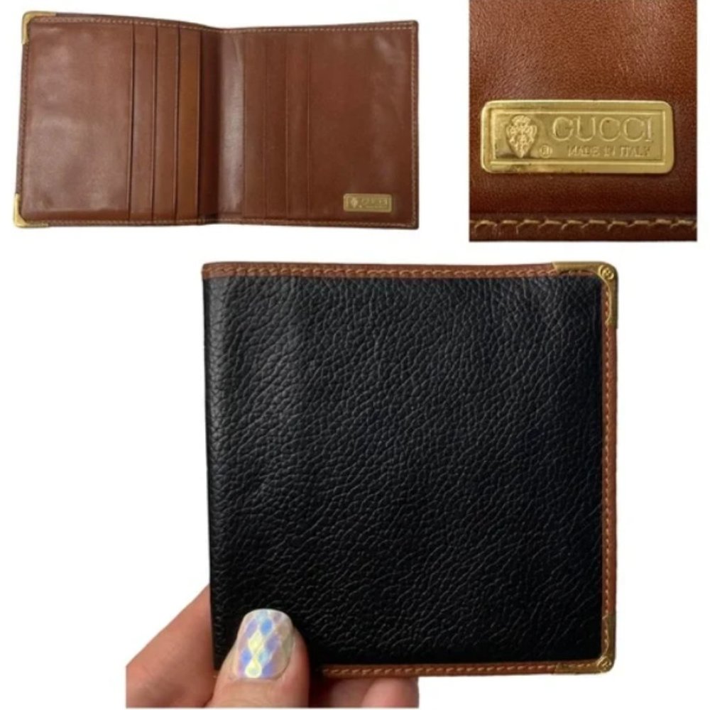 Authentic Vintage GUCCI Black & Tan Leather & Gold Slim Bifold Wallet